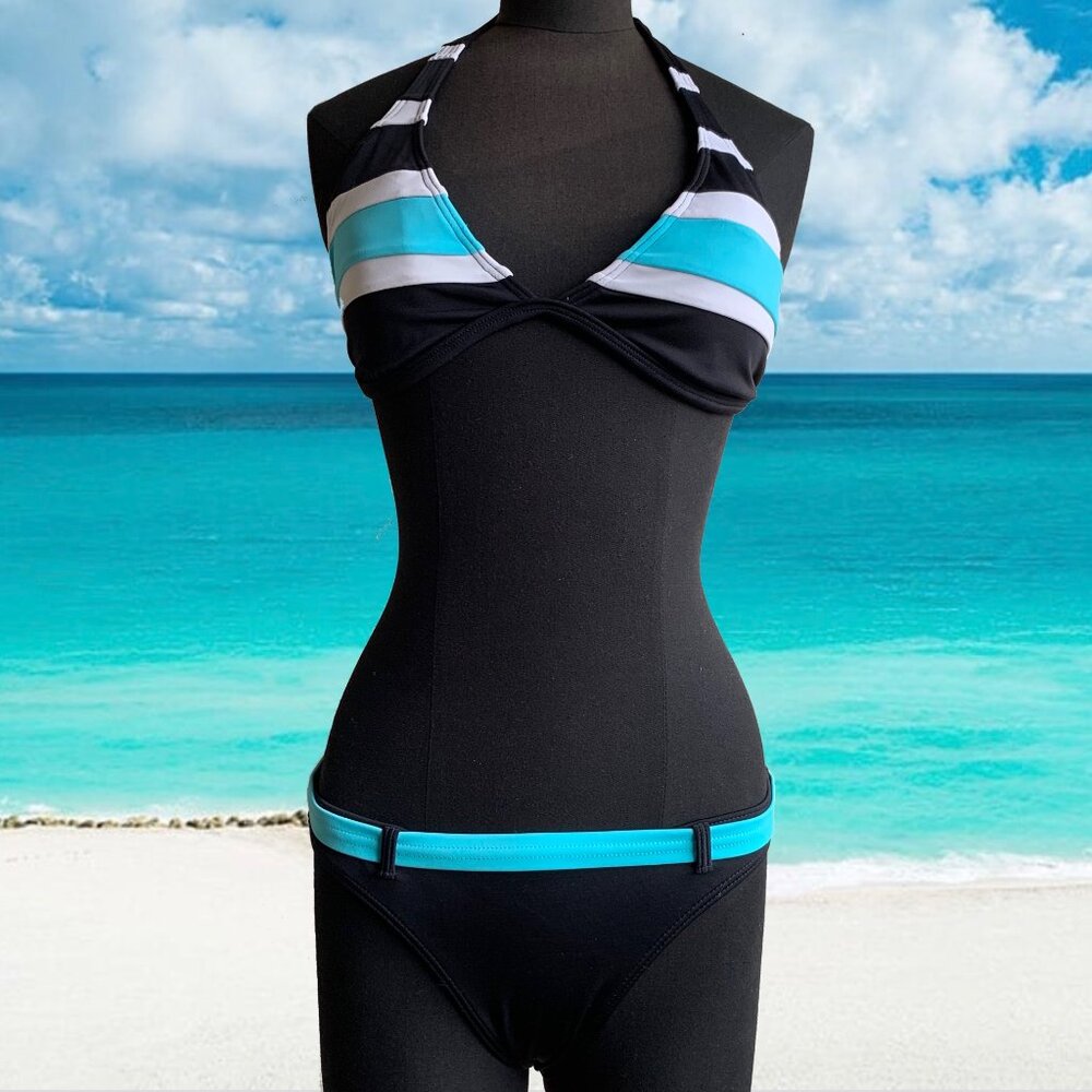 Billabong Surf BLUE CRUSH Vintage bikini D cup black belted halter top set rare